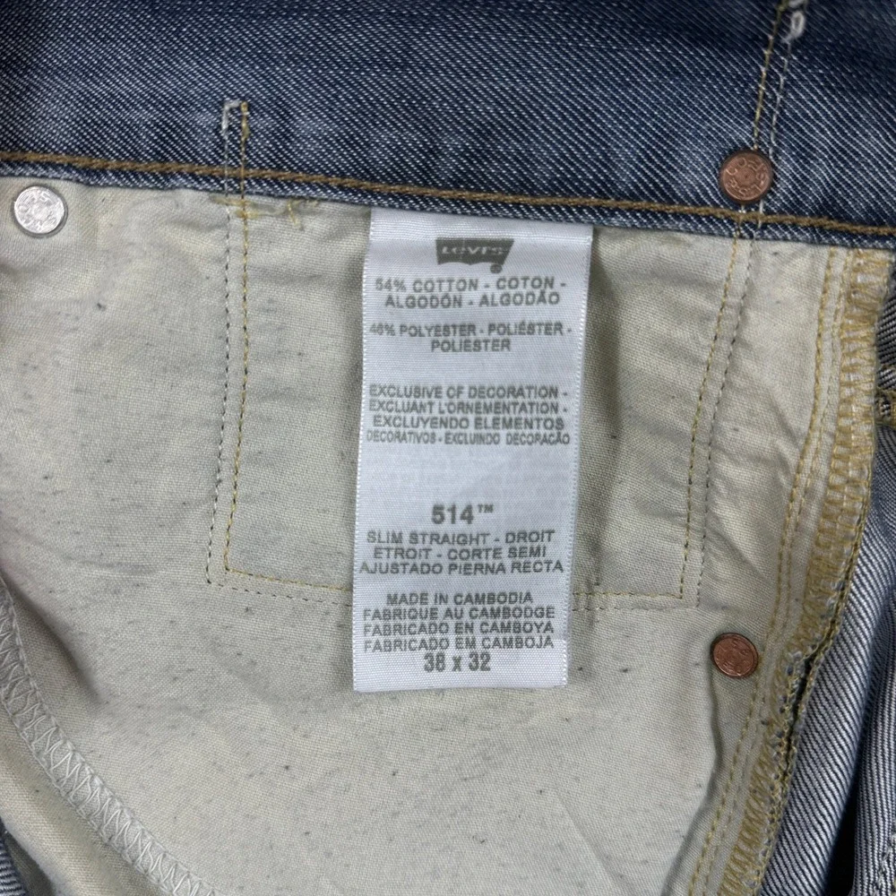 Levis 514 Slim Straight Jeans Mens 38x32 Blue Distressed Flap Pocket Denim